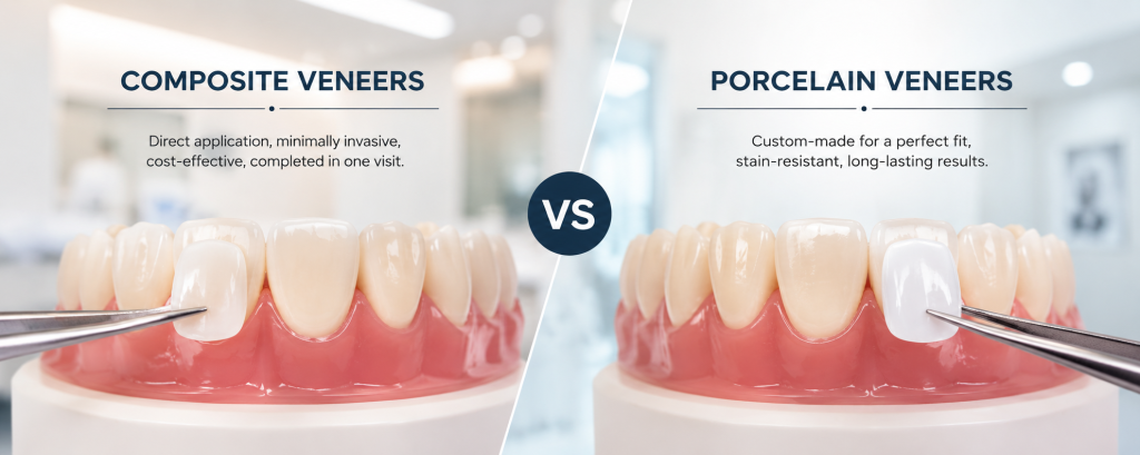 a guide to explaining the difference between composite veneers and porcelain veneers